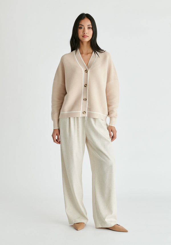 Ribbed Cardigan with Contrast Trim in Cream and White Front